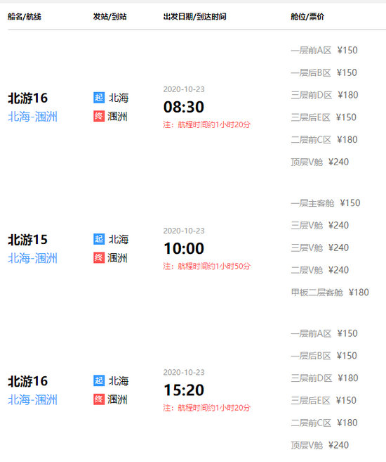 北海到涠洲岛船票时间