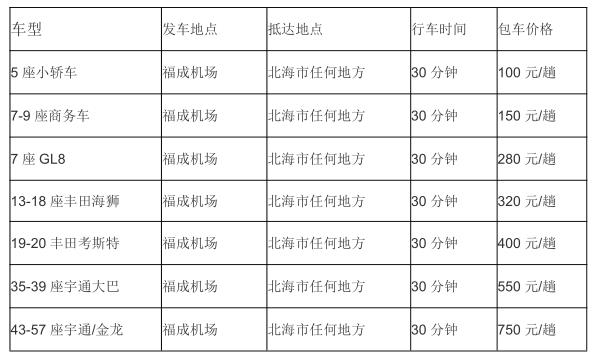 北海机场接机价格表