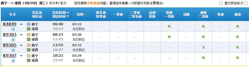 南宁到靖西火车时刻表