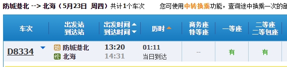 防城港到北海动车时间票价