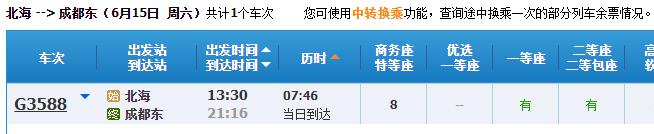 北海-成都东动车时刻表